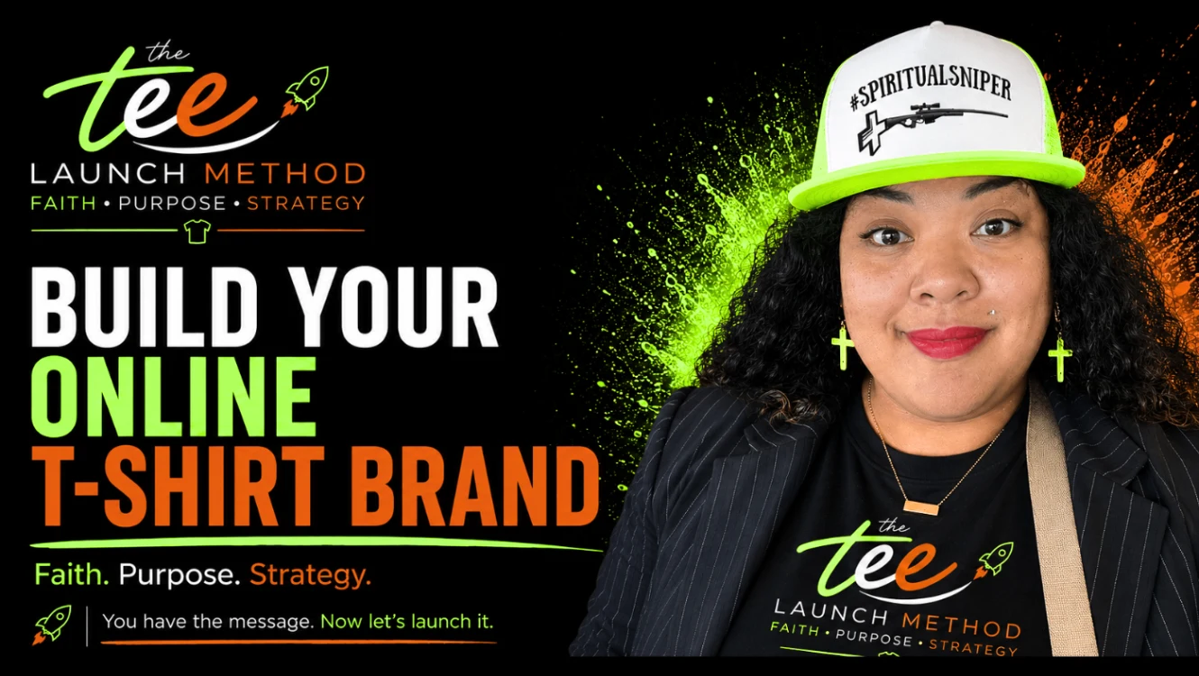 The Tee Launch Method graphic featuring a woman and the message Build Your Online T-Shirt Brand